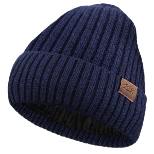 Bonnet XXL pour grandes têtes de 60-65 cm en tricot bleu marine pour homme et femme