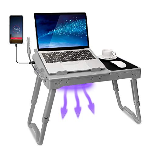 TeqHome Laptop Table for Bed, Adjustable Laptop Bed Desk with Fan, 4 USB Ports, Portable Lap Desk with Foldable Legs, Laptop Stand for Couch Sofa Bed Tray with LED Light, Storage, Mouse Pad - Grey