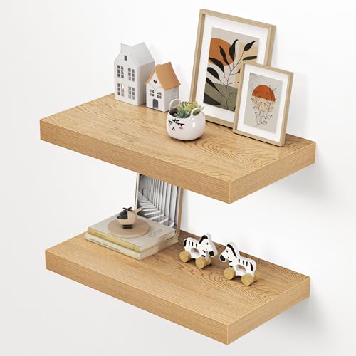 Image of Dreamland 24 inch Floating Shelves for Wall, 12 inch Deep Thicker Oak Floating Shelves, Wall-Mounted Shelves for Bedroom, Living Room, Kitchen, Bathroom - Set of 2