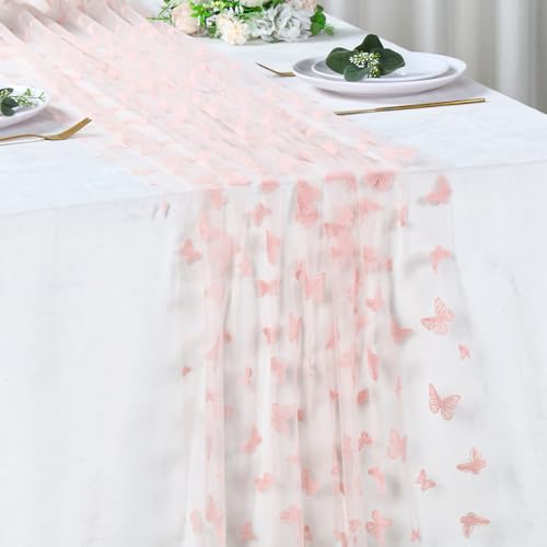 1pc Elegant Pink Plush Butterfly Mesh Table Runner 30*70inch, Double-Sided Design with 3D Butterflies, Perfect for Weddings, Bridal Showers, Gender Reveals, and Birthday Parties, Gender Reveal Event