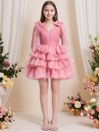Tiered Tulle Flower Girl Dresses V-Neck Girls Cute Party Dress Mini Girls Formal Dress with Bow4