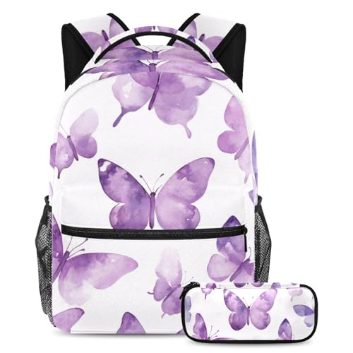 Sac à dos 2 pièces étudiants et ados grand volume imprimé patte de chien violet bleu pour collège