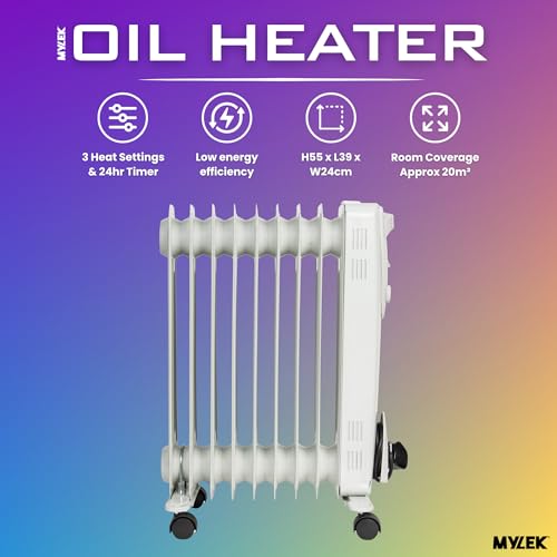 MYLEK Oil Filled Heater Radiators 2000W, Electric Portable White Heaters, Adjustable Thermostat, 3 Heat Settings, Energy Efficient, Safety Tip Over Protection (2KW White) - Image 3