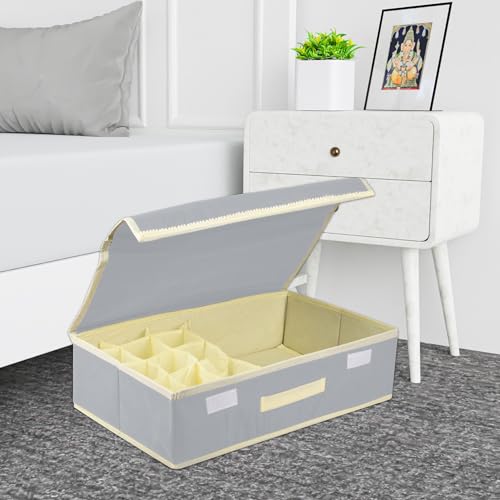 Image of Kuber Industries Undergarment Organizer | Cloth Organizer | Storage Box for Bra-Panty-Socks-Ties | Drawer Divider for Scarves-Socks | Cream Patti | Gray