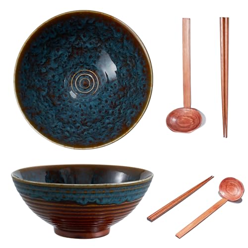 Yuecda 8 Inch Ceramic Ramen Bowl Set of 2 40oz Japanese Bowls with Spoons & Chopsticks Durable Microwave & Dishwasher Safe Perfect for Ramen Pho Salad Soup NoodlesMixing Bowls
