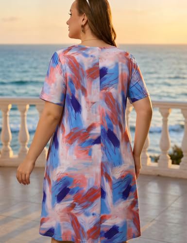 Image of OVERWORETY Womens Short Sleeve Plus Size T-Shirt Dress V Neck Casual Loose Swing A-Line Summer Tunic Dresses with Pockets