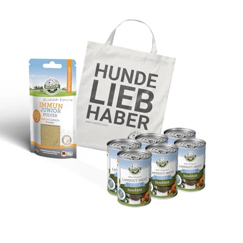Bellfor Welpenfutter im Sparset Ideal für die bedarfsgerechte Fütterung heranwachsender Hunde Landgut-Menü Junior 6 x 400 g Immun Junior 50 g und 1 Jutebeutel