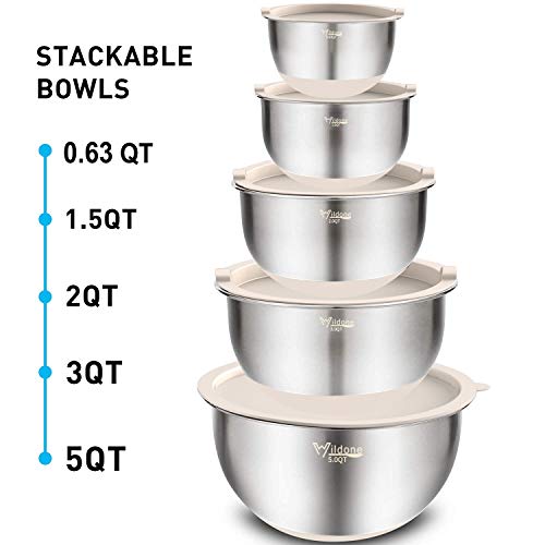 Wildone Mixing Bowls Set Of 5, Stainless Steel Nesting Bowls With Khaki Lids, 3 Grater Attachments, Measurement Marks & Non-Slip Bottoms, Size 5, 3, 2, 1.5, 0.63 Qt, Great For Mixing & Serving #TOP6