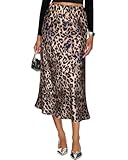 Yewanka Women's Silk Satin Midi Skirt Elastic High Waisted A-Line Cheetah Print Leopard Long Skirts for Women Trendy