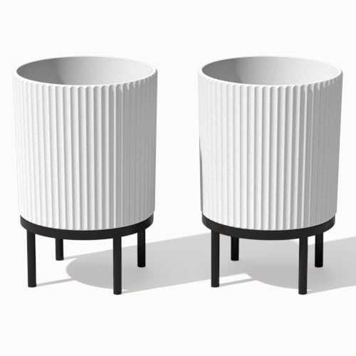 Image of Veradek Demi Series Raised Planter - Round Planter with Stand | Made From a Durable Plastic-Stone Composite & Comes With Wooden Stand. Modern Porch /Patio Decor