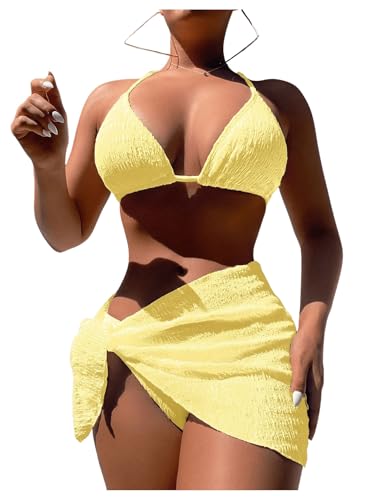SHENHE Women's 3 Piece Textured High Cut Halter Triangle Bikini Swimsuit with Cover Up2