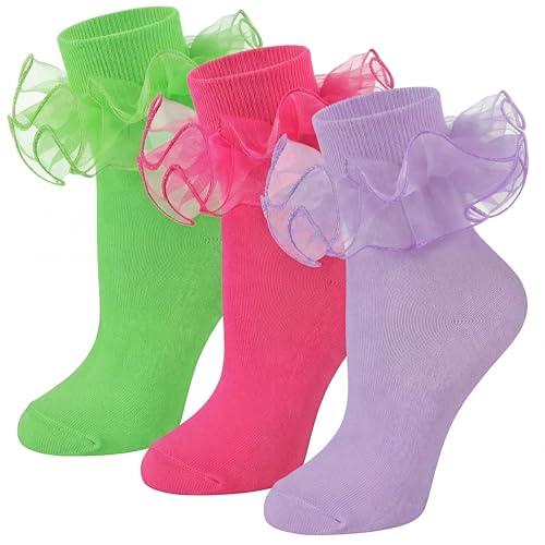 Image of Geyoga 3 Pairs Women Big Ruffle Socks Turn Cuff, Double Lace Ankle Cotton Frilly Socks for Ladies Summer