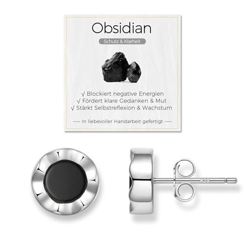 Obsidian Damen Ohrringe Silber 925, AAA-Natürliche Edelsteine Ohrstecker Schwarz, Hypoallergen & Nickelfrei, Geschenk mit Box und Bedeutungskarte