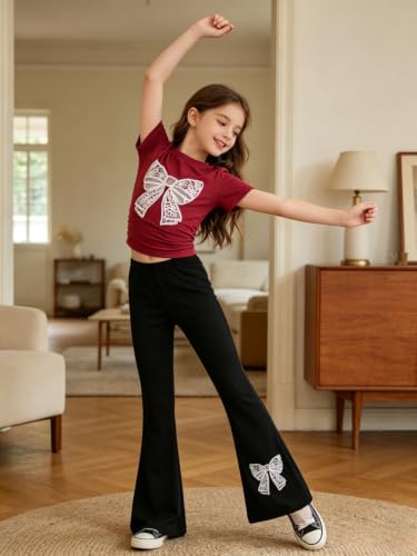 Image of Girls Clothes 2 Piece Short Sleeve Lace Bow Print Tops Flared Pants Set Little Girl Outfits Size 7-14