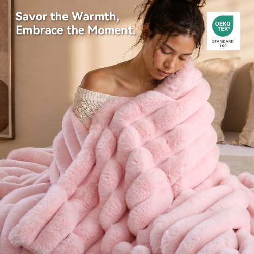 Blush Pink Fluffy Faux Rabbit Fur Striped Blanket 60 by 80 870GSM - Image 5