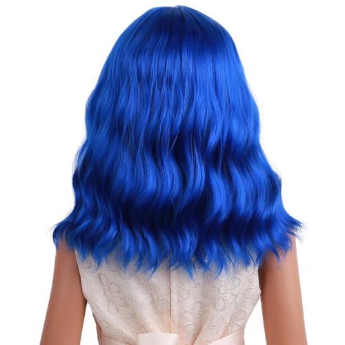 Image of Dark Blue Wig Royal Blue Wig with Bangs Short Wavy Curly Wigs Synthetic Cosplay Hair Wigs