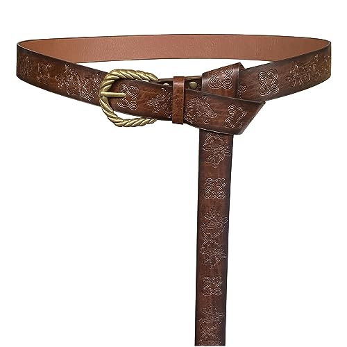 HiiFeuer Viking Fenrir geprägter Kunstleder-Schnallengürtel, mittelalterlicher Rittergürtel (Braun)