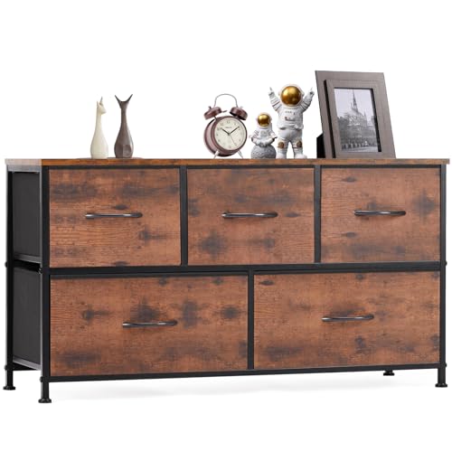 OLIXIS Dresser for Bedroom with 5 Drawers, Wide Chest of Drawers, Fabric Bedroom Dresser with Drawer Organizer, Storage Organizer Unit with Fabric Bins for Closet, Living Room, Hallway, Classic Black