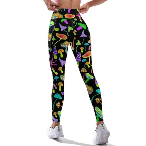 DROEYROEST Mushrooms Womens High Waist Workout Leggings Printed Tummy Control Running Sports Yoga Pants with Pockets M