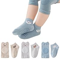 XIJEQOW Separate Knieschoner Bodensocken, Baby Krabbelknieschoner + Baby Krabbelsocken, 3 Paar Anti-Rutsch-Gummipunkte Krabbler, Cartoon, Baumwolle, Unisex, M, Grau, Khaki, Blau, 0-1 Jahre, 1 Stück