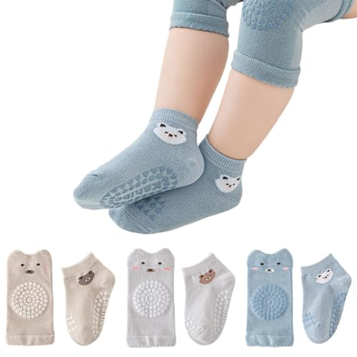 XIJEQOW Separate Knieschoner Bodensocken, Baby Krabbelknieschoner + Baby Krabbelsocken, 3 Paar Anti-Rutsch-Gummipunkte Krabbler, Cartoon, Baumwolle, Unisex, M, Grau, Khaki, Blau, 0-1 Jahre, 1 Stück