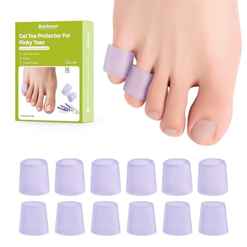 Image of Bukihome Silicone Toe Protectors - Silicone Open Pinky Toe Sleeves for Hammer Toes, Corns, Calluses, Blisters - Soft Gel Protector Toe Cushions for Pain Relief - 12 Count, Lavender (6 Thick +6 Thin)