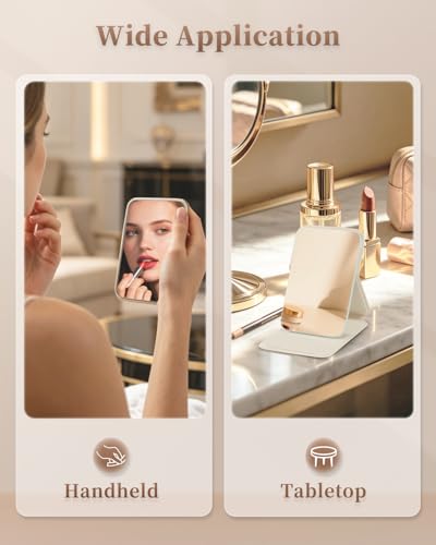 Image of vpu Foldable Compact Makeup Mirror, Portable Pocket Travel Mirrors Ultrathin Handheld PU Rectangular Standing Cosmetic Mirror with Adjustable Stand Suitable for Camping, Home, Office, Travel