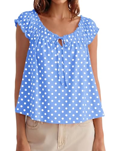 Image of Tankaneo Women Summer Tie Front Tank Tops Cap Sleeve Pleated Babydoll Tops Casual Loose Fit Going Out Flowy Shirt