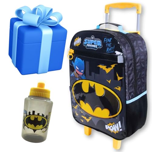 Kit Mochila de rodinha infantil do Batman Spider man homem aranha + acessório garrafinha squeeze brinquedo luva aranha presente para menino criança 6 anos volta as aulas (Batman)