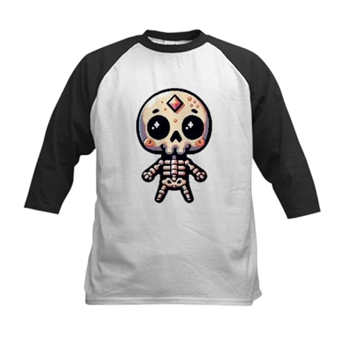 CafePress Pixel Skeleton Kids Baseball T Shirt Kids Cotton Baseball Jersey, 3/4 Raglan Sleeve Shirt Black/White