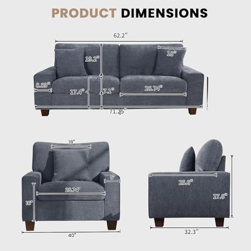Image of DOPEDIO Modern Living Room Sofa Set, 71.25 inch Chenille Loveseat with 2 Accent Chairs, Removable Covers, Spring Cushions, Solid Wood Frame, Easy Assembly(71.25inch+2 Single,Blue)