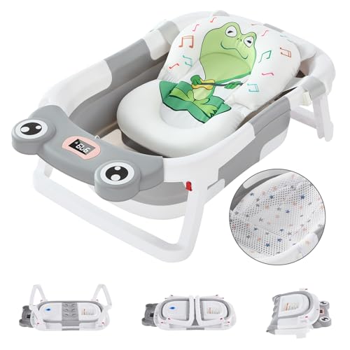 Image of Foldable Baby Bathtub for Newborn to Toddlers, Foldable Bath Tub with Thermometer & Soft Cushion & Bath Net, Durable Portable Travel Bathtub with Drain Hole for Infants (Grey Baby Bathtub)