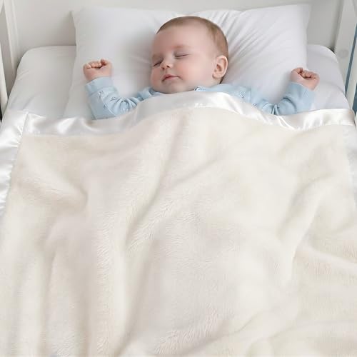 Image of Pro Goleem Fleece Baby Blanket with 2 Inch Satin Trim Soft Anti-Static Plush Blanket for Boys and Girls Christmas Baby Gifts for Babies 30''x40''，White
