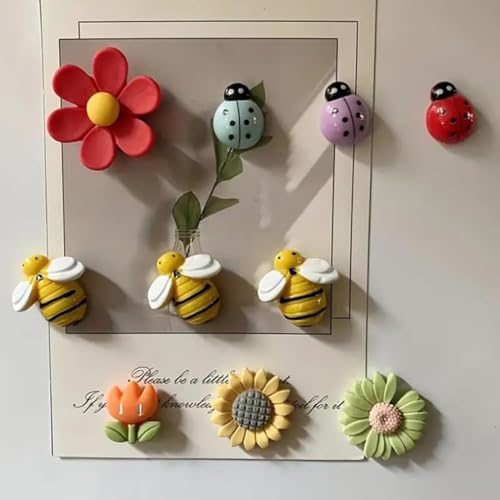 Image of Store2508 Set of 10 Cute Flower & Bug Fridge Magnets for Home Kitchen Decor | Strong Decorative Magnets for Whiteboard Refrigerator Memo Photos | Lightweight Sunflower Daisy Bee Ladybug Magnet Set