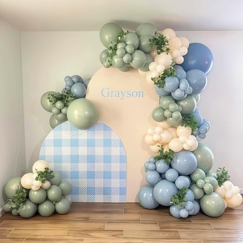 Image of Sage Green and Blue Balloons, 35PCS Olive Green Dusty Blue Beige Cream Latex Balloon, Baby Boy Shower Balloons for Kids Rabbit Theme Baby Shower Birthday Boho Bridal Wedding Party Decorations Supplies