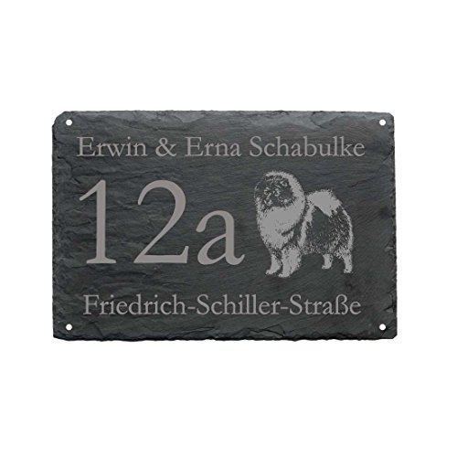 Preisvergleich Produktbild « HAUSNUMMER + STRASSE + NAME mit WOLFSSPITTZ » als SCHIEFERTAFEL individuell gefertigt Schieferschild Hund Keeshond