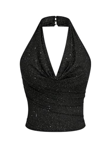SOLY HUX Women's Plus Size Sleeveless Halter Top Sparkly Sexy Party Crop Tank Tops Clubwear Rave Festival Outfits
