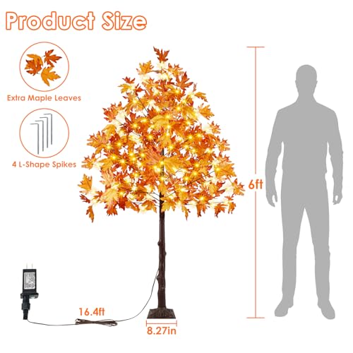6FT Artificial Lighted Maple Tree, Fall Thanksgiving Decor with Timer, 150 LED Warm White Prelit Light up Fall Maple Tree for Indoor Outdoor Halloween Autumn Home Party Decorations, Orange
