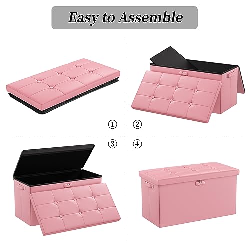 JHSafer 30 Inches Folding Storage Ottoman Bench, Fireproof Storage Chest Foot Rest Stool with Lock, Storage Bench with Handle for Bedroom, Leather Ottoman with Storage for Living Room Hallway, Pink
