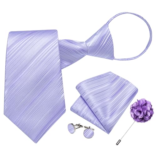 Image of DiBanGu Mens Zipper Tie Silk Pre-Tied Necktie with Gift Box | Jacquard Woven,Paisley Solid Plaid Pattern,6PCS with Pocket Square,Cufflinks and Lapel Pin,for Wedding Party Formal Business