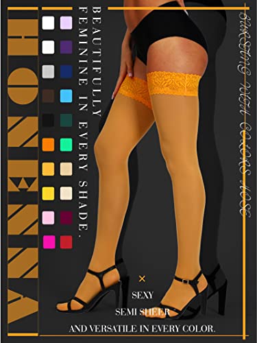 Image of HONENNA Semi Sheer Stay Up Lingerie Thigh High Stockings Lace Top Size A-F