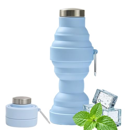 dellyy Botella Plegable 550ml, Botella Agua Plegable Silicona, A Prueba de Fugas y Portátil, Libre de Bisfenol A – Ideal para Running, Camping, Viajes y Desplazamientos (Azul)