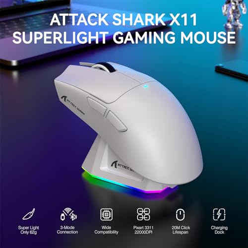 ATTACK SHARK Mouse X11 leve sem fio para jogos com base de carregamento RGB, Tri-Mode-2.4G/USB-C com