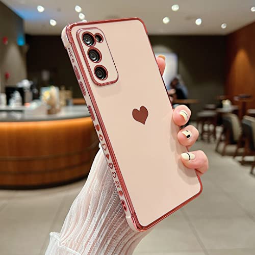 LSOUGUK Compatible with Samsung Galaxy S20 FE Case,Love Heart Pattern Electroplated Design Soft TPU Shockproof Protective Phone Case Full Camera Lens Protection Cover for Samsung Galaxy S20 FE 5G-Pink