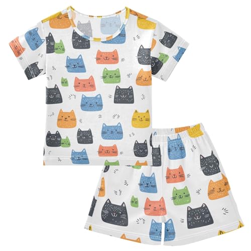 ALAZA Black Blue Orange Kitten Cat Pajamas Set Short Sleeve Cotton Sleepwear Summer Pjs 2 Piece 5-14Y