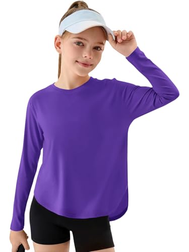 Haloumoning Girls Athletic Shirts Kids Long Sleeve Active Sports T Shirts Quick Dry Tunic Tops Basic Tees 5-14 Years