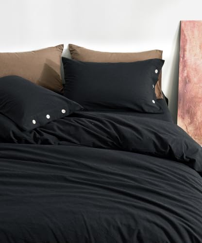 Image of JELLYMONI 100% Washed Cotton Black Duvet Cover King, Linen-Like