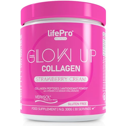 Life Pro Colágeno Hidrolizado Puro Verisol en Polvo con Vitamina C, Ácido Hialurónico y Selenio – Colágeno en Polvo de 300g (30 Dosis) Sin Azúcar, Sabor a Strawberry Cream para Piel, Cabello y Uñas