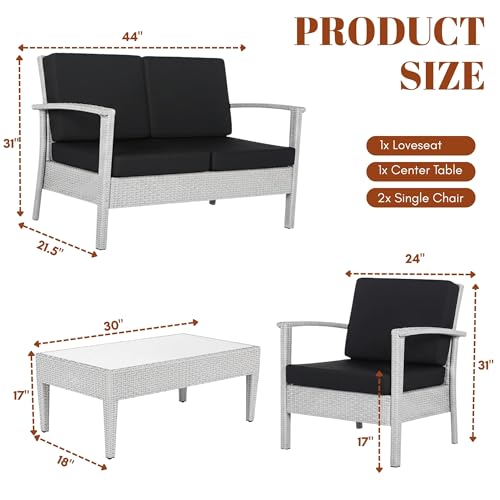 Image of DEVOKO Marbella 4 Piece Outdoor Wicker All Weather Balcony, Indoor, Porch, Garden, Terrace Patio Furniture Set with Cushion (White & Black)