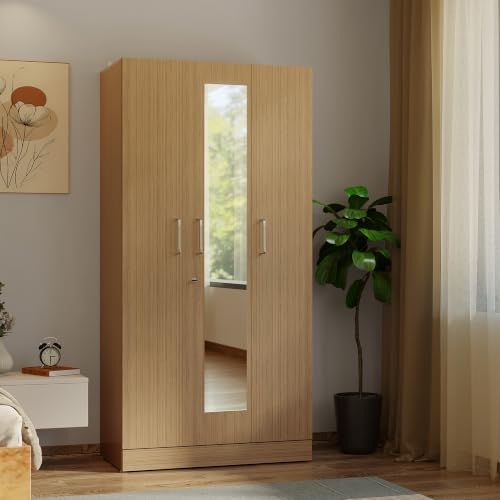 Image of Wakefit Wardrobe for Bedroom | 1 Yr Warranty | Cupboard for Bedroom, Almirah, Wooden Wardrobe, Multi-Shelves Storage with Mirror, Density:680-750 kg /m, Free Installation from Brand (Twill - UT)